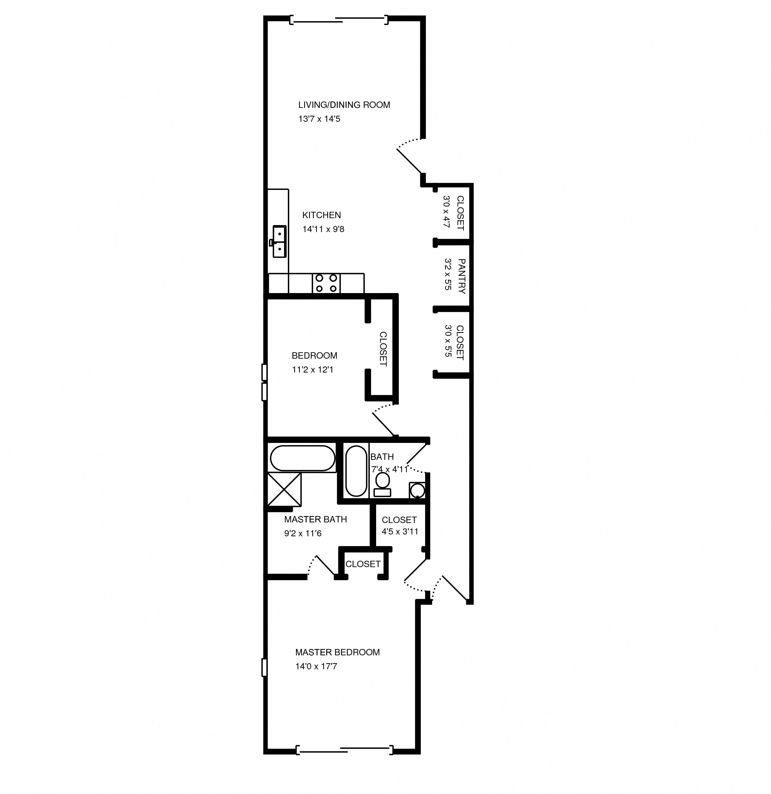 Floor plan for 2 beds, 2 baths, 1600 sqft